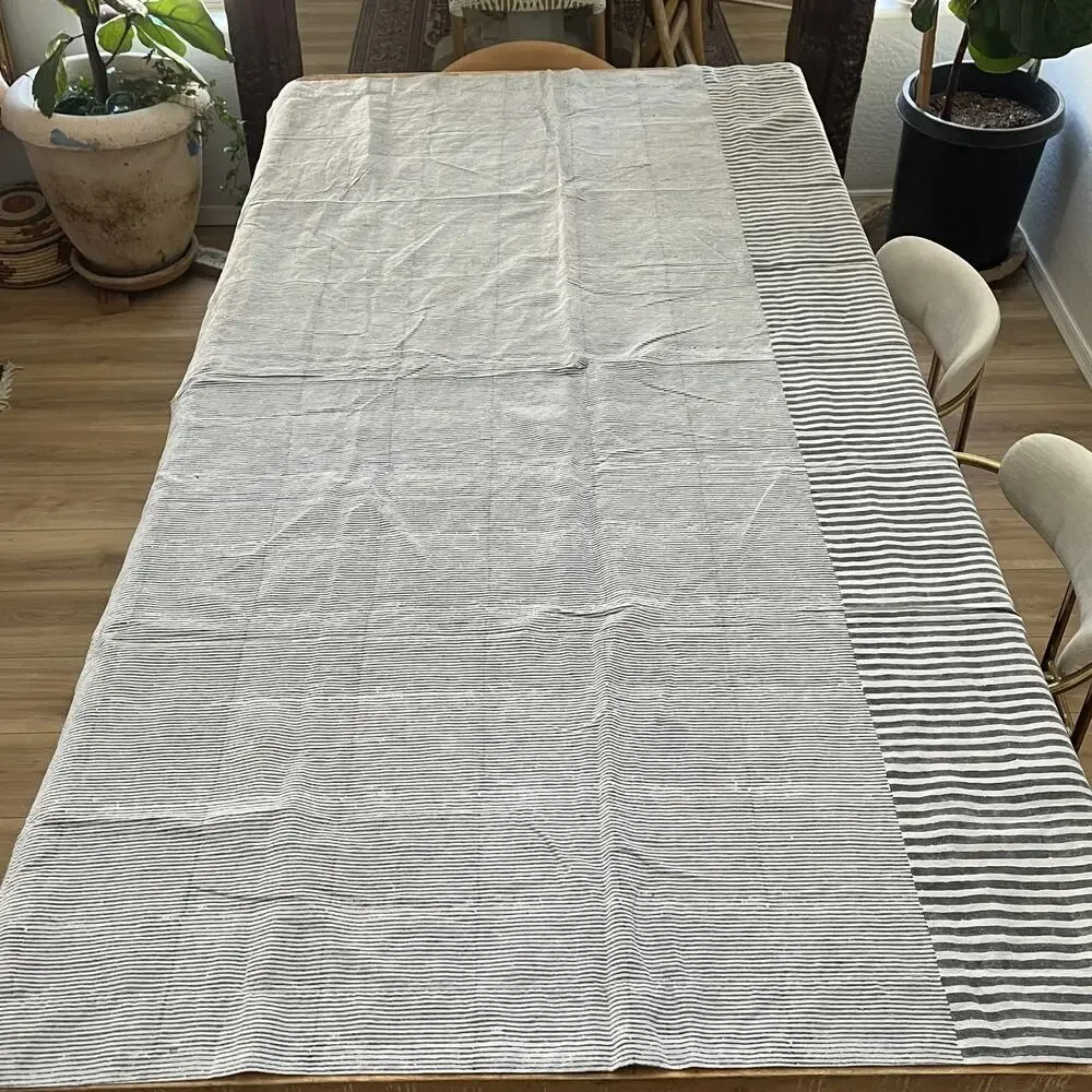 4 CB2 Block Printed Stripe Panel Gray Linen Blend Curtains 48